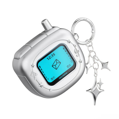 Retro Flip Phone AirPods Case - Y2K Matte Silver Earbuds Cover with Pendant Charm