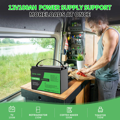 DATOUBOSS 12V 100Ah LiFePO4 Battery — 1280Wh Lithium Battery with 100A BMS, 8000-15000 Deep Cycles, Series/Parallel Support