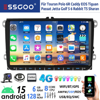 9" Android 15 Car Stereo - 6GB+128GB Wireless CarPlay GPS WiFi Bluetooth FM for VW