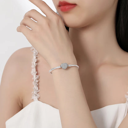 925 Sterling Silver Love Heart Charm Bracelet – Rose Gold Snake Chain Bangle for Women | DIY Luxury Bead Jewelry Accessories