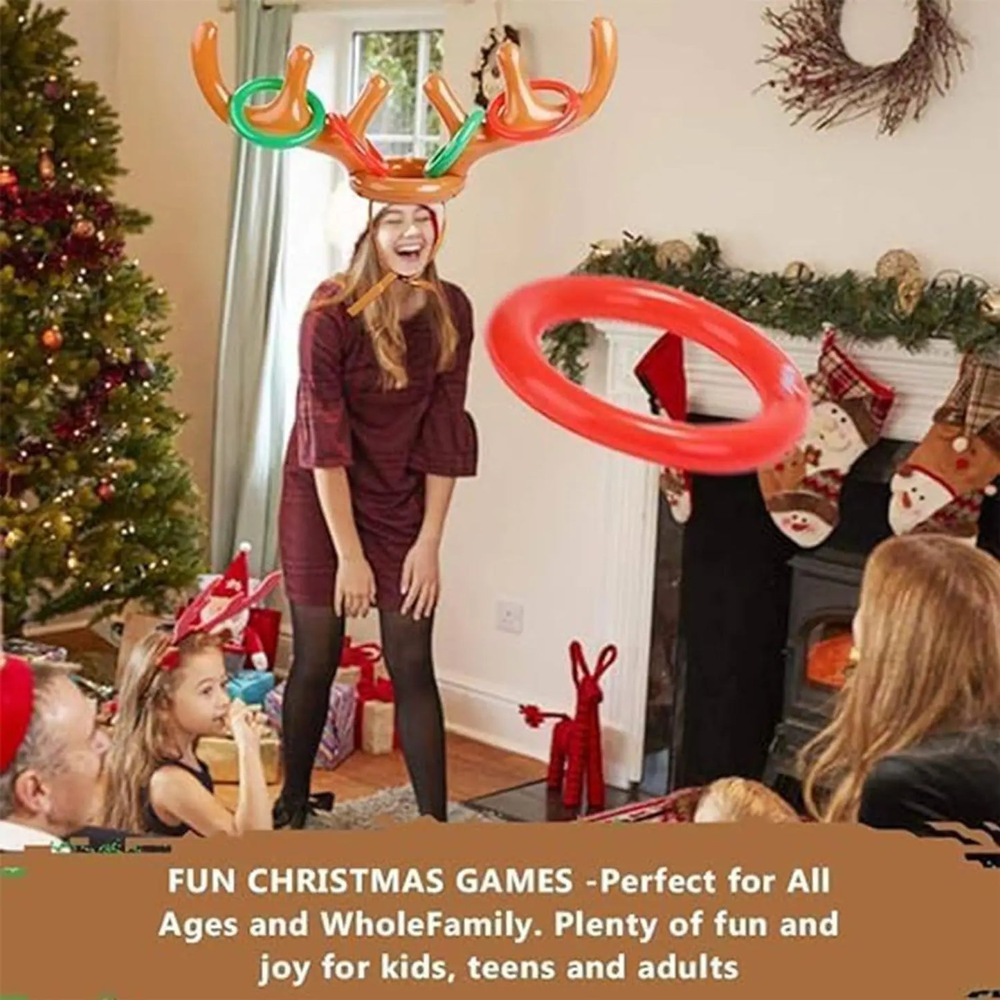 Inflatable Reindeer Antler Hat Ring Toss Game – Fun Xmas Party Toy for Kids, Adults & Family