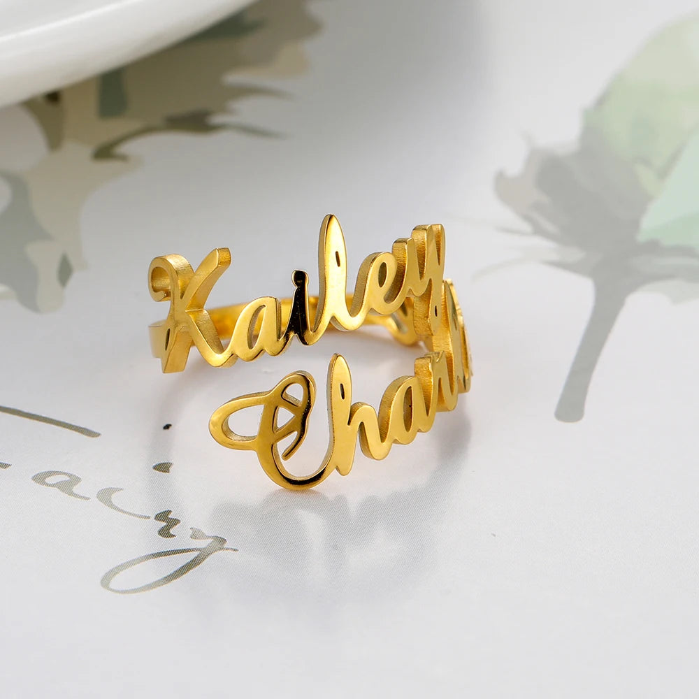 Custom Fishhook Double Name Finger Ring - Personalized Family & Couple Love Gift for Women & Men, Gold Stainless Steel Jewelry