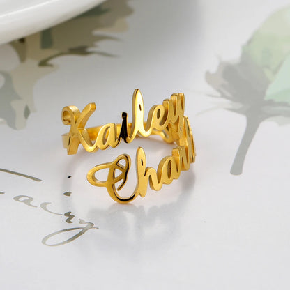 Custom Fishhook Double Name Finger Ring - Personalized Family & Couple Love Gift for Women & Men, Gold Stainless Steel Jewelry