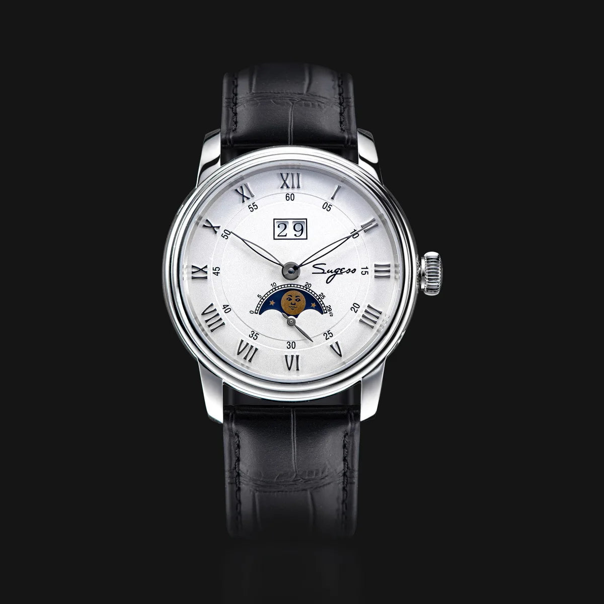 Sugess Moonphase Men’s Automatic Mechanical Watch — 40MM Stainless Steel with Seagull ST2528 Movement and Blue Sandstone Dial