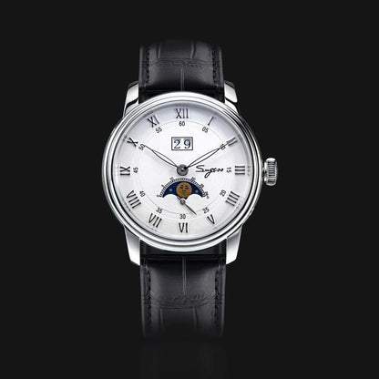 Sugess Moonphase Men’s Automatic Mechanical Watch — 40MM Stainless Steel with Seagull ST2528 Movement and Blue Sandstone Dial