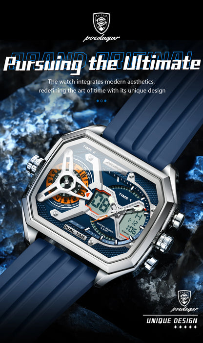 POEDAGAR Men's Luxury LED Wristwatch – Electronic Quartz Watch with Calendar, Week Display, Luminous Hands, and Silicone Strap