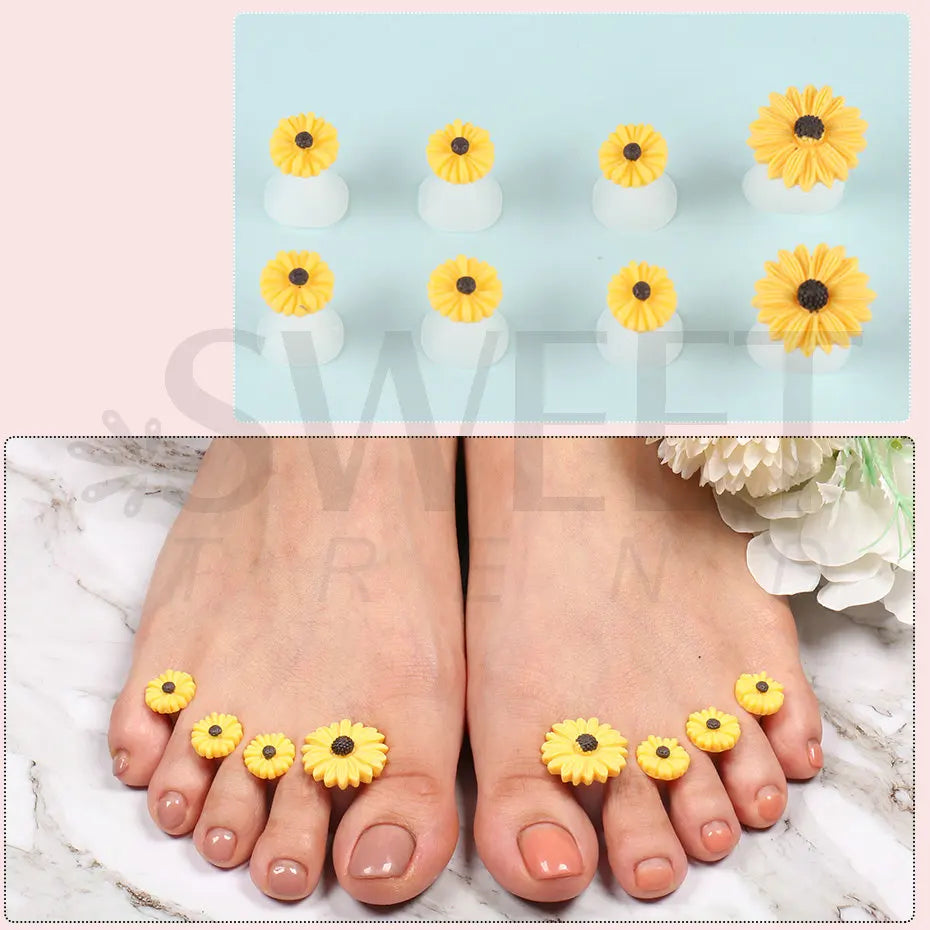 8 Pcs Silicone Toe Separator Pedicure Tools - Cute Daisy Flower Heart Design with Rhinestones, Soft and Effective Foot Care Kit (BES13)