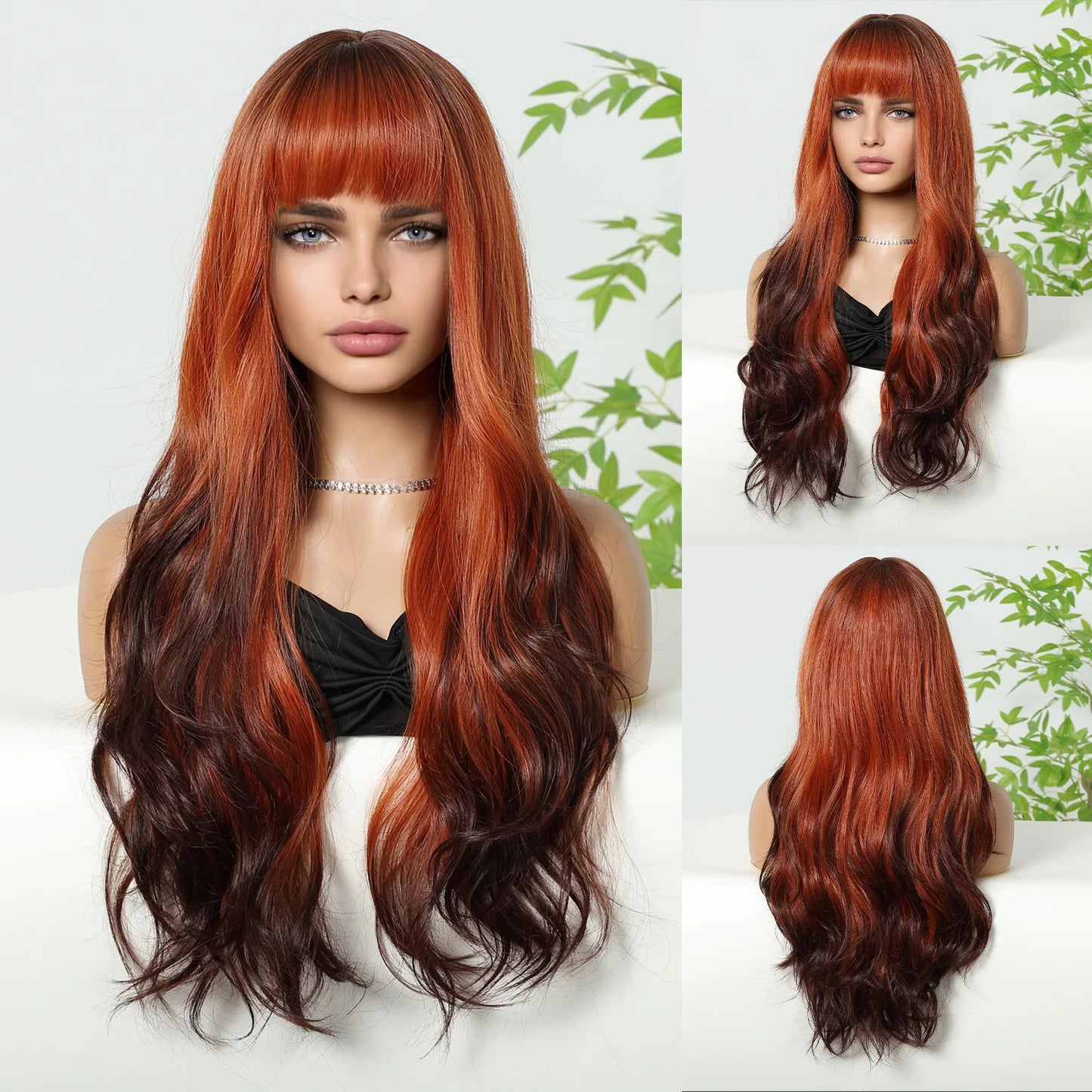 Copper Ginger Red Brown Synthetic Wig – Long Fluffy Wavy Wig with Bangs, Heat-Resistant Cosplay & Daily Wear Hair for Women