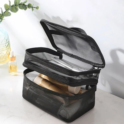 Travel 2-Layer Cosmetic Organizer Bag – Transparent Folding Mesh Zipper Pouch, Large Capacity Makeup & Wash Kit Bag 2024