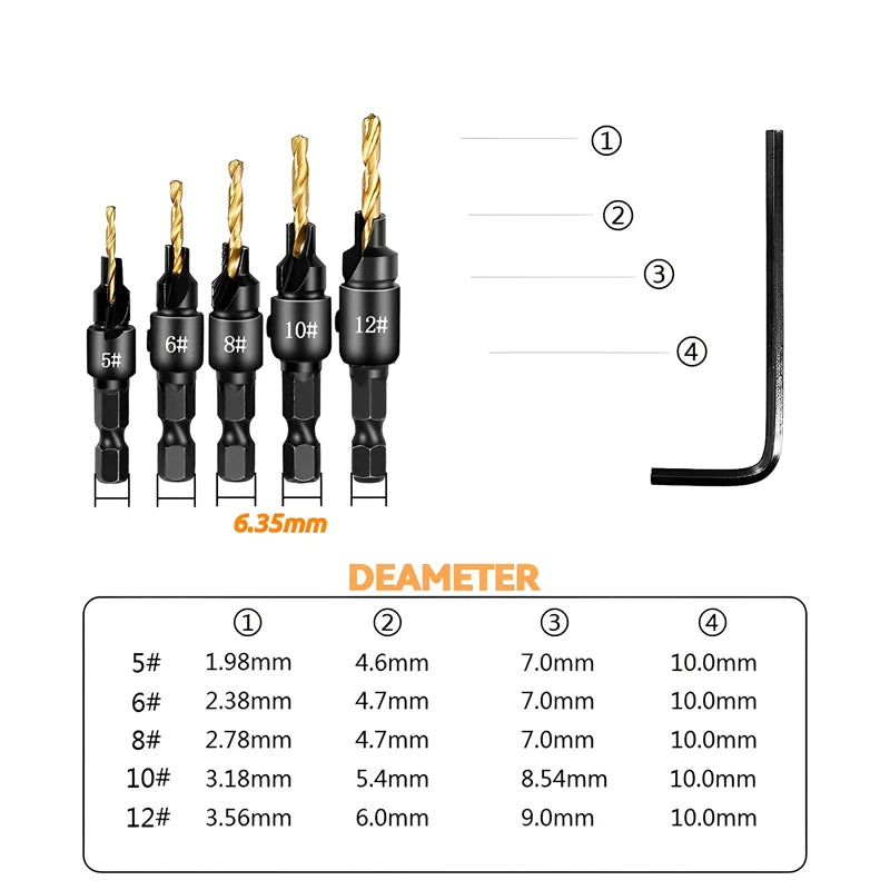 5pcs Countersink Drill Bit Set – Woodworking Pilot Hole Drills for Screw Sizes #5, #6, #8, #10, #12