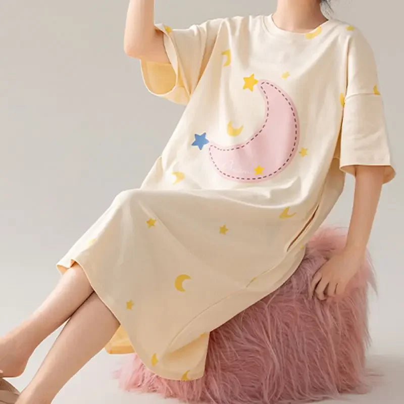 100% Cotton Women's Nightgown - Plus Size M-4XL Short Sleeve Summer Sleepshirt