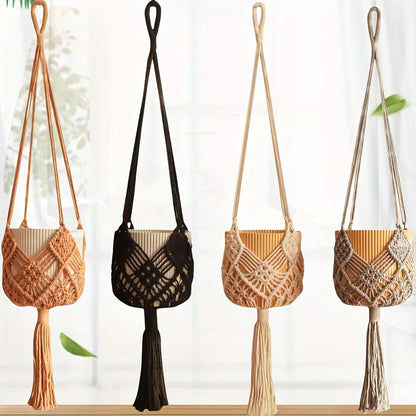 Boho Macrame Plant Hanger – Cotton Rope Woven Basket with Net Pouch for Indoor & Outdoor Hanging Succulents