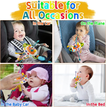 Baby Pull String Sensory Toy - Silicone Teething Rattle Montessori Learning Toy for 6-12 Months