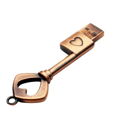 JASTER Copper Heart-Shaped Key USB Flash Drive – Metal Pendrive Memory Stick 4GB/16GB/32GB/64GB, Perfect Wedding Gift
