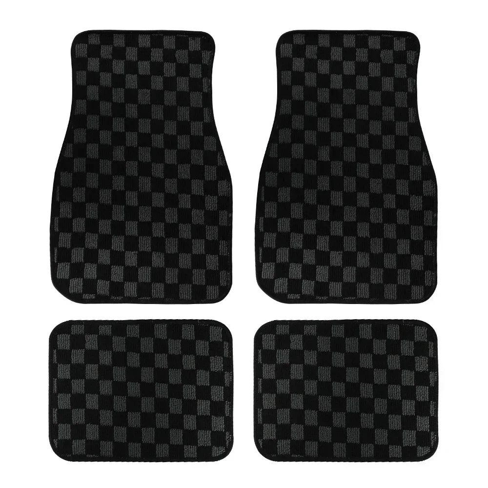 4PCS Universal Checkered Car Floor Mats - Anti-Slip Front & Rear Checkerboard Auto Carpet Foot Mats