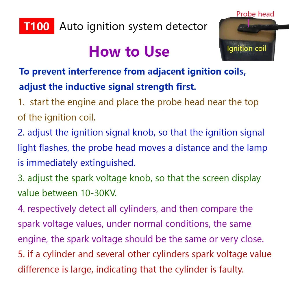 T100 Auto Ignition System Tester — 12V/24V Detector for Ignition Signal & Spark Voltage Testing