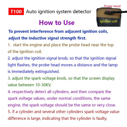 T100 Auto Ignition System Tester — 12V/24V Detector for Ignition Signal & Spark Voltage Testing