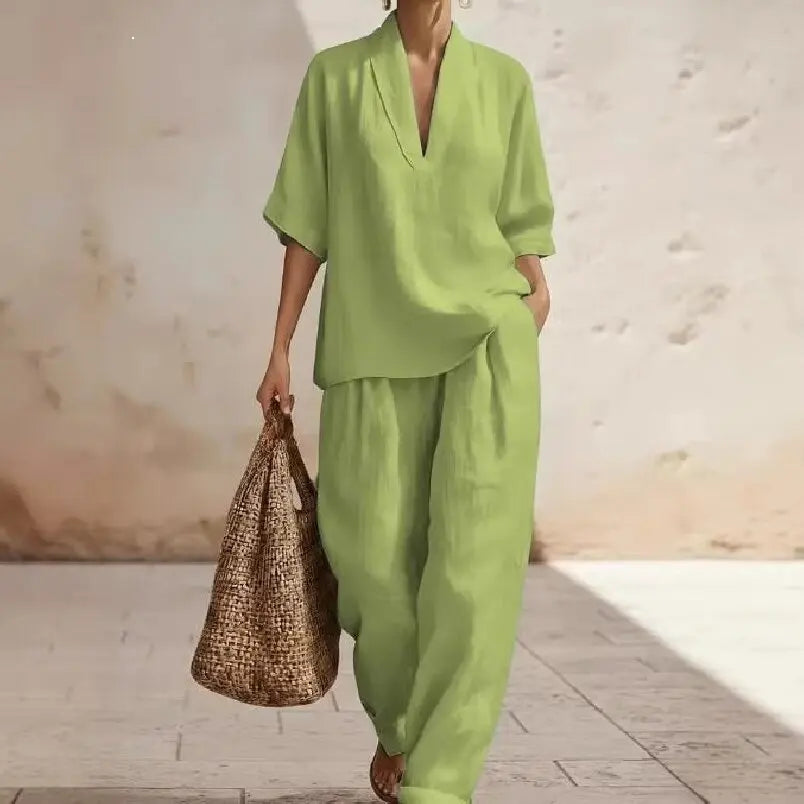 Women’s Linen Two Piece Set - 2026 Spring Summer Minimalist Solid Color European Style Casual Outfit