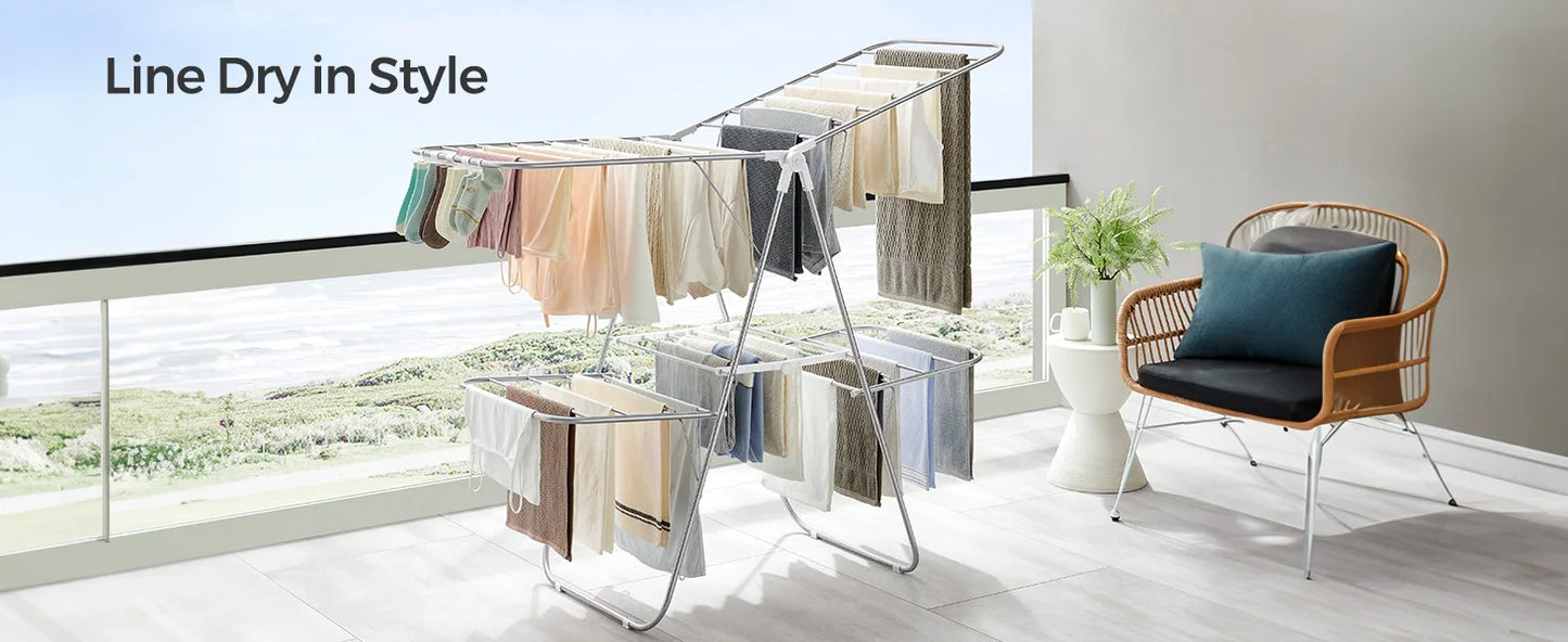 Foldable 2-Level Clothes Drying Rack – Large Free-Standing Laundry Rack with Height-Adjustable Wings