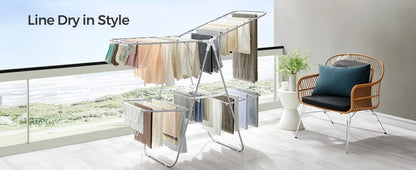 Foldable 2-Level Clothes Drying Rack – Large Free-Standing Laundry Rack with Height-Adjustable Wings