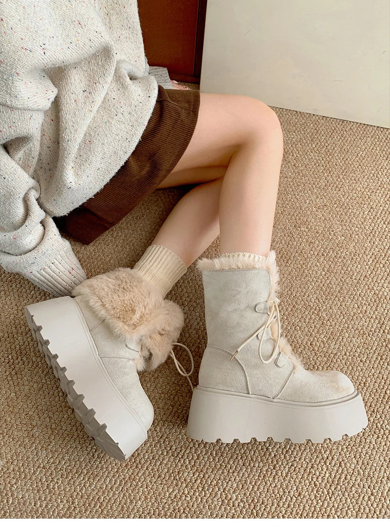 Women’s Winter Chunky Sole Fur Snow Boots – Cozy Height-Boosting Cotton Short Booties