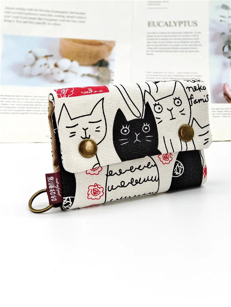 Women’s Canvas Cartoon Card Wallet – Foldable Key Organizer & Coin Purse, Small Pouch Money Bag for Girls 2024