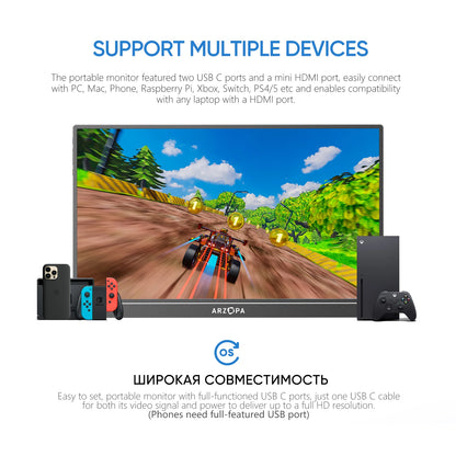 Arzopa 15.6" FHD Portable Monitor – 1080P IPS Second Screen for PC, Laptop, Mac, Xbox, PS4 & Switch