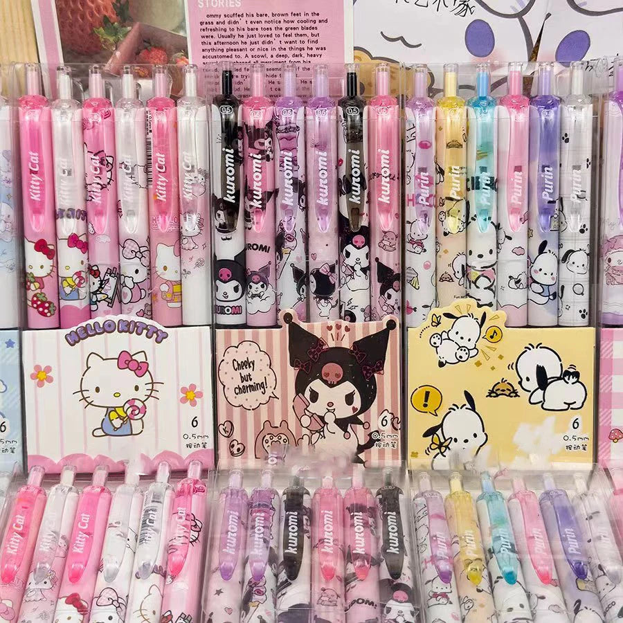 6PCS Cartoon Kuromi Gel Pens – Kawaii Hello Kitty, Cinnamoroll & Melody 0.5mm Quick-Drying School Stationery for Students