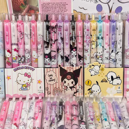 6PCS Cartoon Kuromi Gel Pens – Kawaii Hello Kitty, Cinnamoroll & Melody 0.5mm Quick-Drying School Stationery for Students