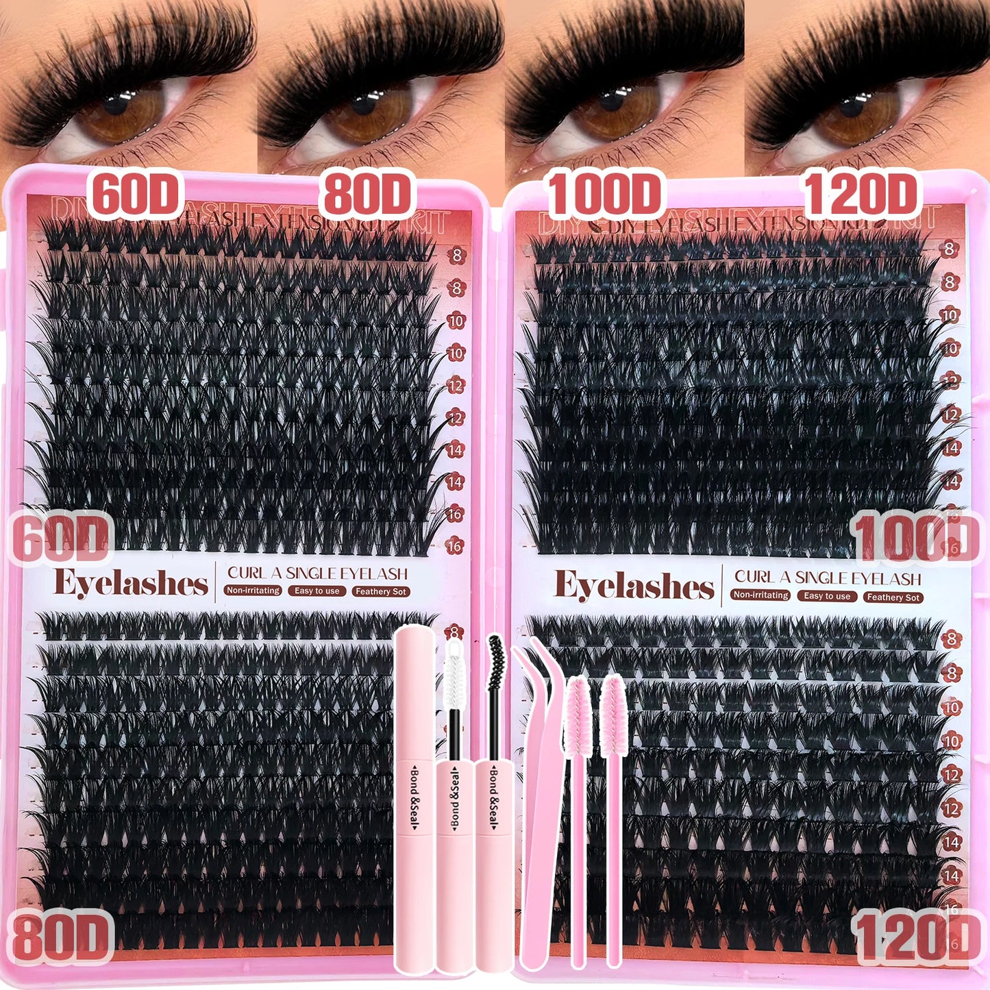 Top & Bottom Lash Extension Kit – 250/740 Cluster Fluffy Volume Mix Lengths DIY Eyelash Set for Bold Bombshell & Natural Lash Looks