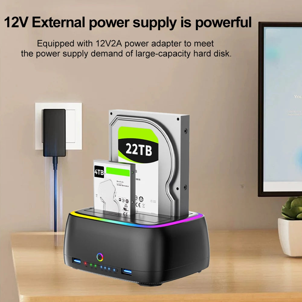 7-in-1 Dual Bay Hard Drive Docking Station USB 3.0 – 5Gbps SATA HDD/SSD Clone Enclosure for 2.5" & 3.5" Drives, TF/SD Card Reader