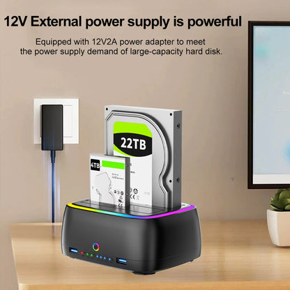 7-in-1 Dual Bay Hard Drive Docking Station USB 3.0 – 5Gbps SATA HDD/SSD Clone Enclosure for 2.5" & 3.5" Drives, TF/SD Card Reader