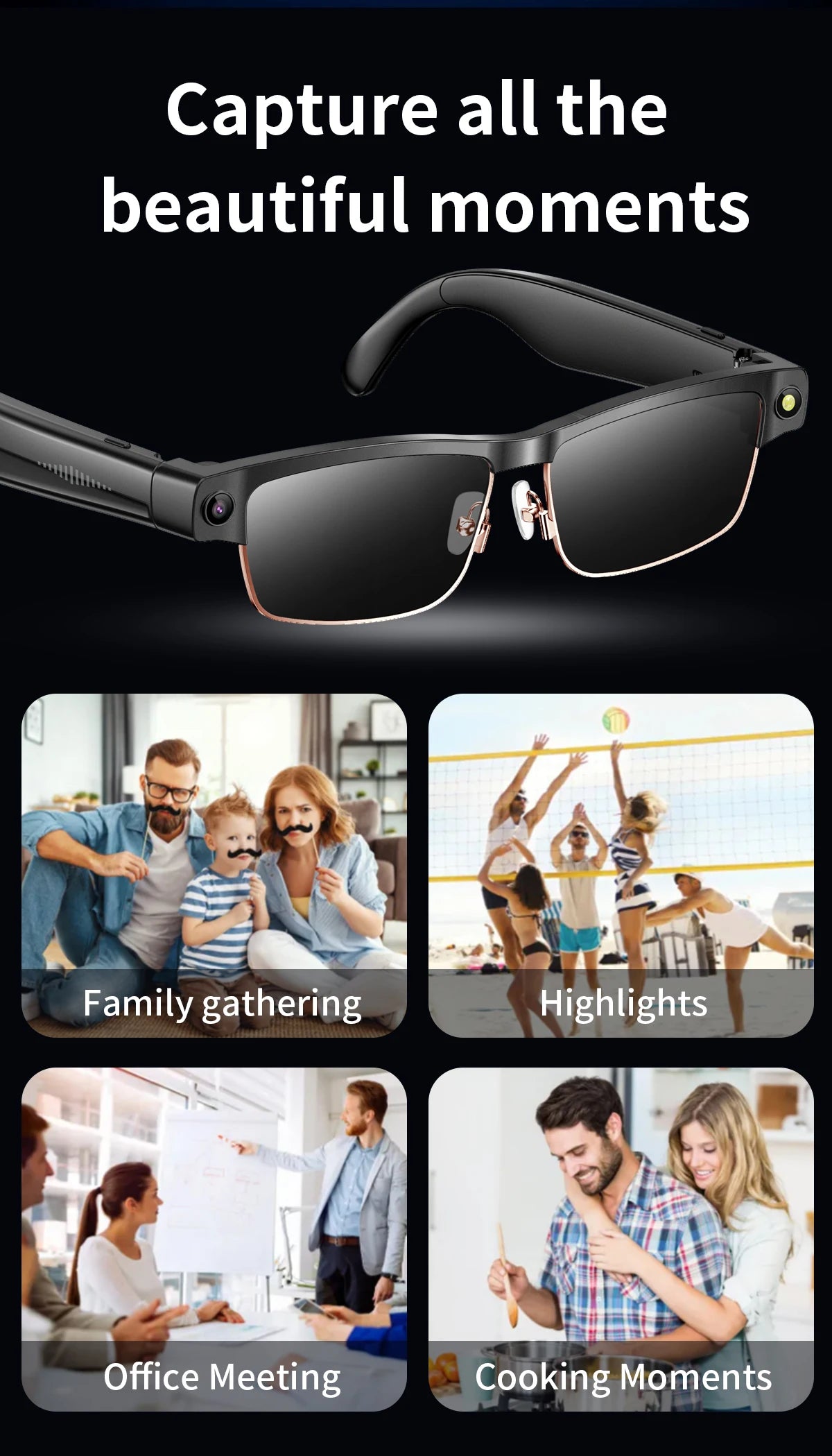 AI Smart Camera Glasses — 8MP with Bluetooth for Calls & Music, Object Recognition, and AI Translation