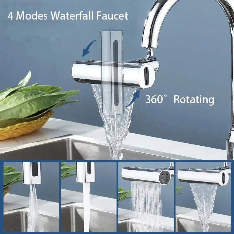 720° Swivel Waterfall Kitchen Faucet with 4 Modes - Universal Spout Sprayer for Bathroom Basin. Rainfall Sink Mixer & Tap Extender