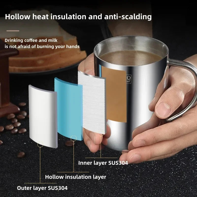 304 Stainless Steel Double-Layer Mug – Anti-Scalding Thermos Cup for Coffee, Tea, Milk, and Beer – Office and Home Use