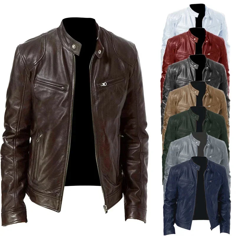 Men’s Slim Fit Motorcycle Leather Jacket – Short Lapel PU Zipper Windproof Coat for Autumn