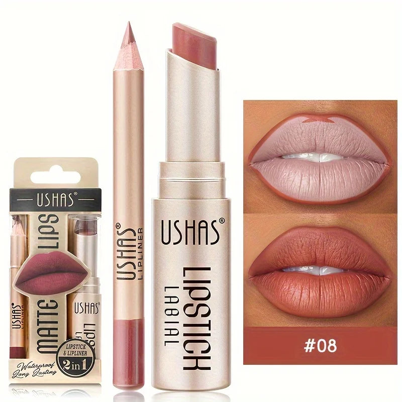 USHAS 12-Color Matte Lipstick & Lip Liner Set – Long-Lasting, Waterproof, Non-Stick Easy Coloring Lip Makeup Kit