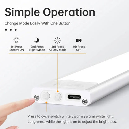 LED Motion Sensor Night Light - Wireless USB Rechargeable Under Cabinet Light for Kitchen, Bedroom & Wardrobe