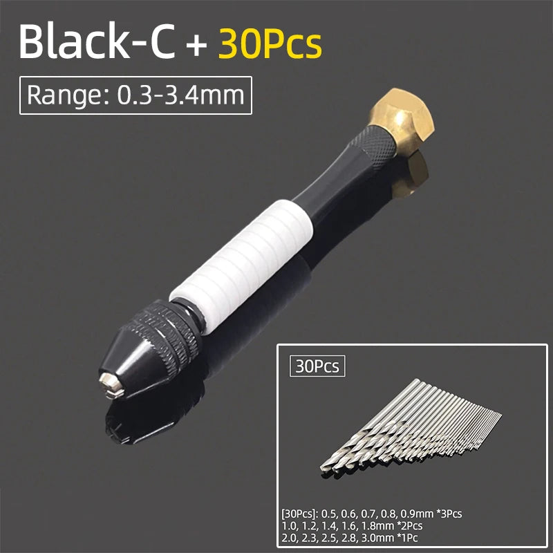 Mini Aluminum Hand Drill 0.3–3.4mm – Keyless Chuck Micro Rotary Tool with HSS Twist Drill Bit Set for Wood & DIY Crafts