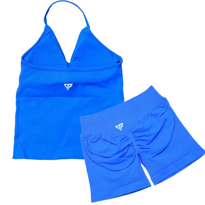 Women’s 2-Piece Yoga Set – Seamless Gym Outfit with Shorts & Lace-Up Sports Bra, High Quality Fitness Activewear Set