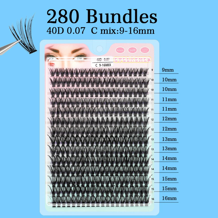 Individual Cluster Lashes – 20-100D Natural Look DIY Eyelash Extensions, 280pcs Mixed Tray Volume Lashes