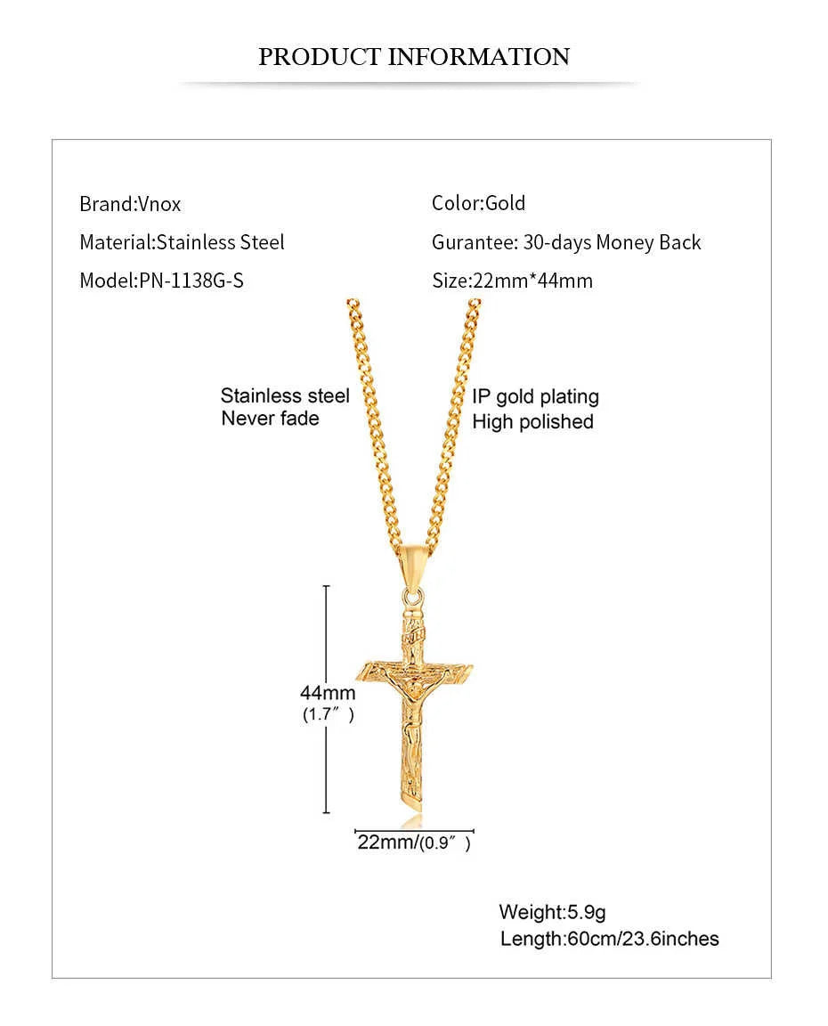 Vnox Cross Necklace for Men & Women – Gold Stainless Steel Jesus Pendant, Catholic Faith Jewelry for Church Prayer