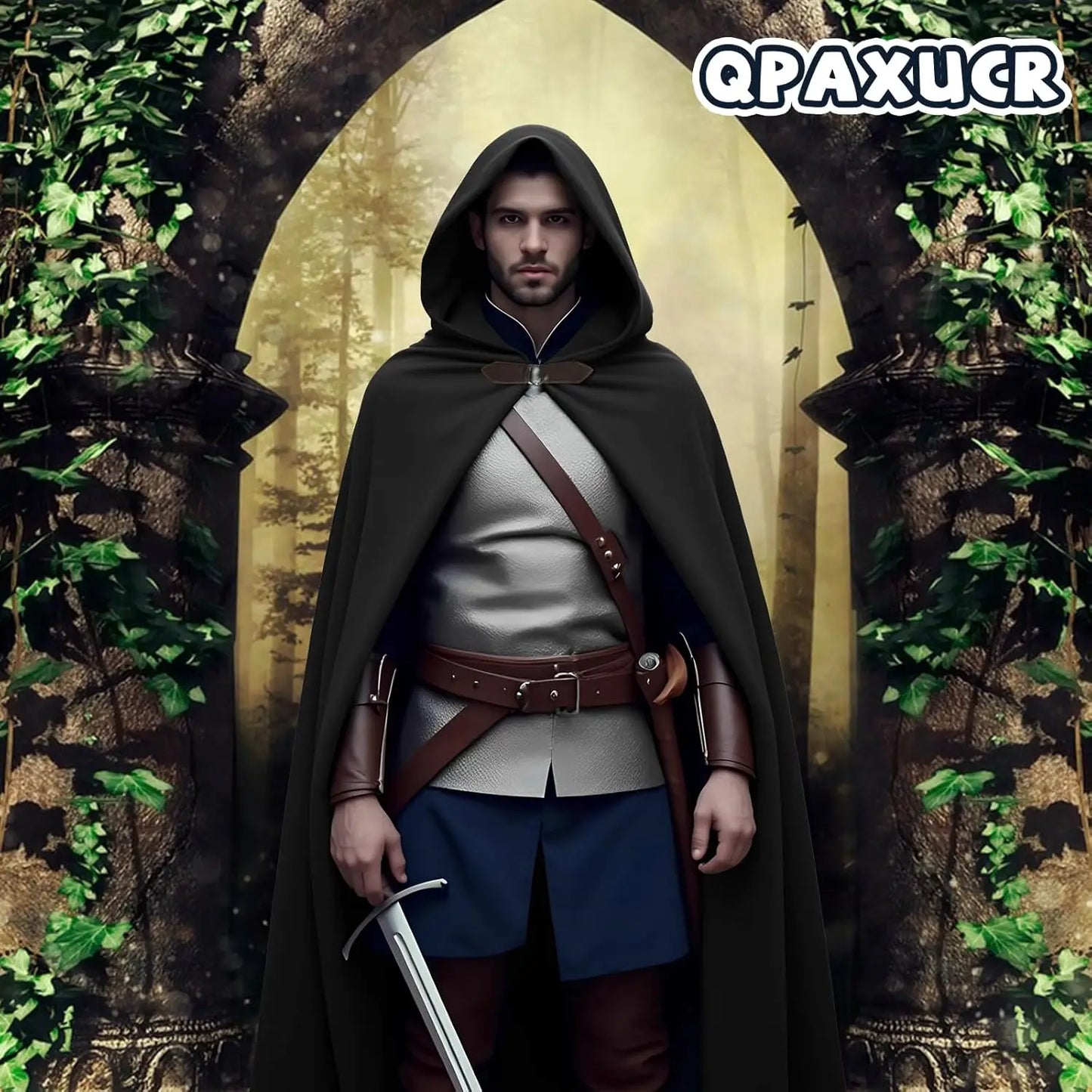 Men’s Medieval Hooded Cloak – Round Metal Buckle with Green Leaf Brooch Necklace for Halloween Costume