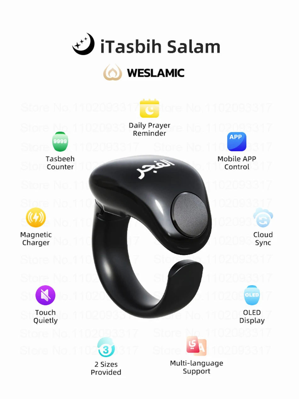 Weslamic Smart Tasbeeh Zikr Ring – Digital Islamic Tally Counter with Prayer Reminder, Magnetic Charging & Waterproof