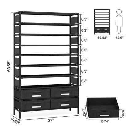 Tribesigns 10-Tier Shoe Rack Organizer – Vertical Shoe Shelf with 4 Drawer Bins, Holds 32 Pairs for Closet & Entryway