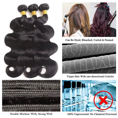 38 40 Inch Loose Body Wave Brazilian Hair Bundles – 1/3/4 PCS Water Wave Raw Human Hair Extensions, Black