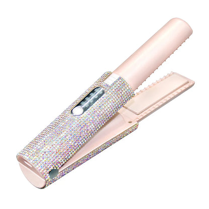 2-in-1 Wireless Hair Straightener & Curler – USB Rechargeable Diamond Design Styling Brush for Travel & Home
