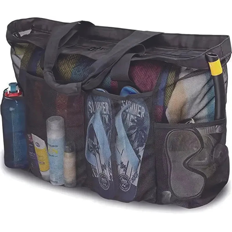 Extra Large Beach Bag - Lightweight, Waterproof, Foldable with Mesh Straps, Zippered Pockets & Fixed Shoulder Straps