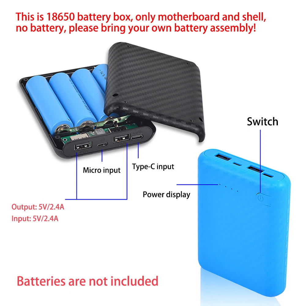4x18650 Battery Charger Case - DIY Portable Power Bank Box with No-Solder Battery Assembly