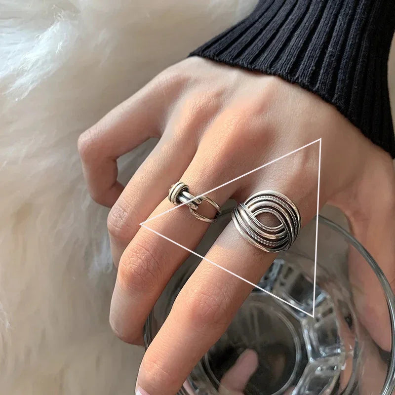VENTFILLE 925 Sterling Silver Adjustable Ring – Vintage Hollow Line Punk Hip Hop Couple Jewelry